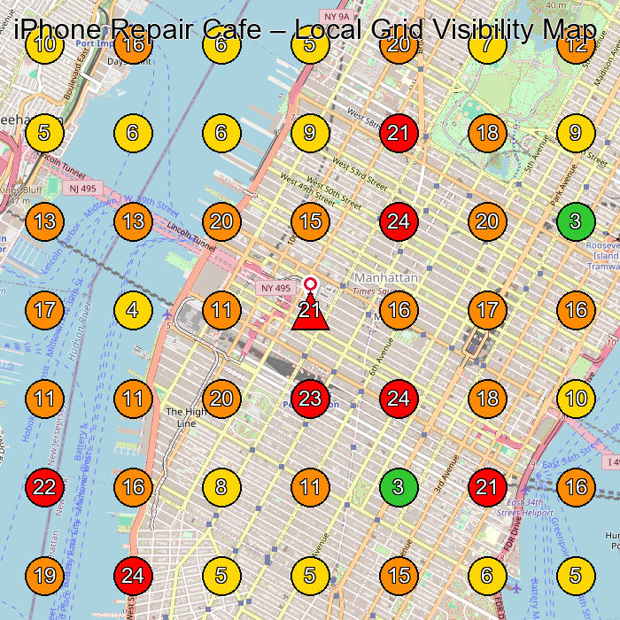 iPhone Repair Cafe Electronics Repair Shop GeoGrid ranking map for 38 W 32nd St New